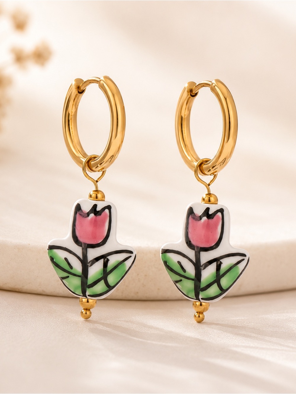 Gold Hoop Earrings with Pink Tulip Enamel Charm